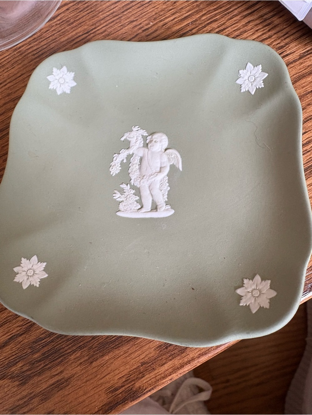Wedgewood Jasperware Trinket Dish Cherub Green Made in England 4”